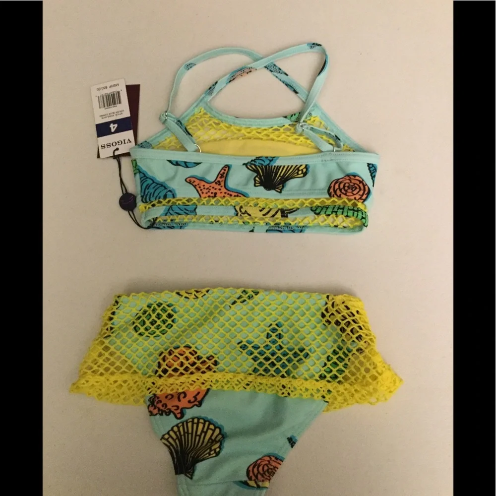 NWT Vigoss SZ 4 Shells! Bright Yellow & Aqua Crochet Mesh Skirt Swim Set
